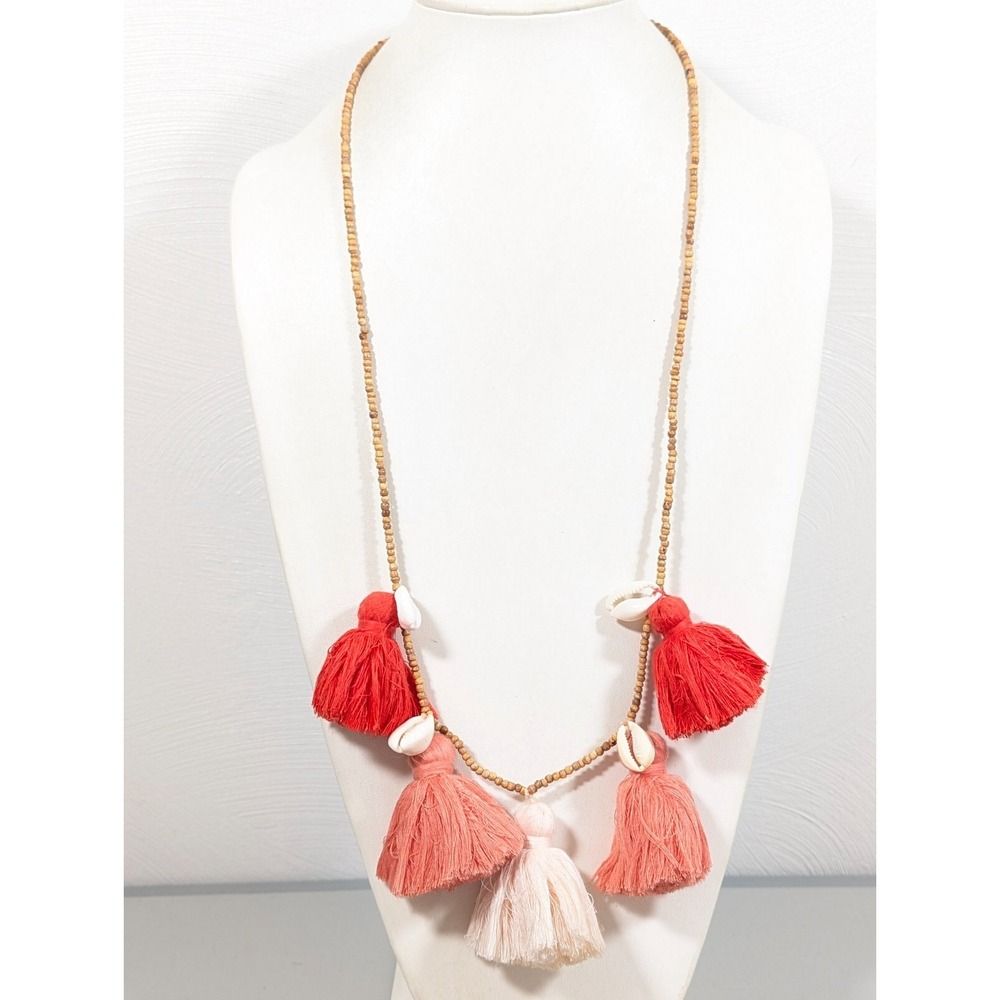 Vineyard‎ Vines Orange Tassel Cowrie Shell Wood Bead Statement Necklace Boho